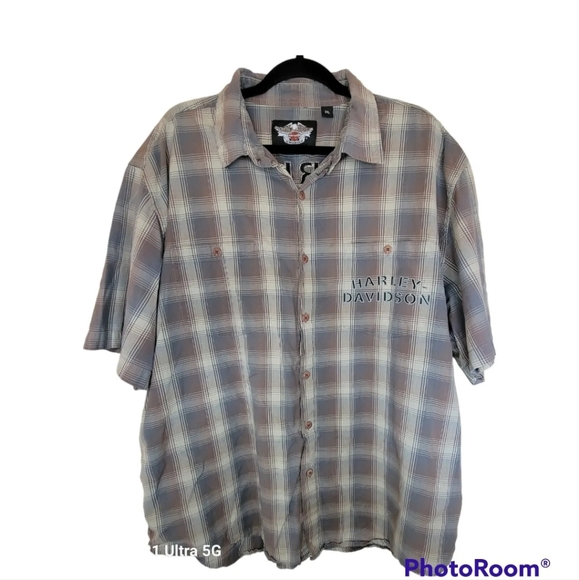 2007 Harley Davidson Men's Shirt Size 2XL Brown Plaid Short Sleeve Button Up - Picture 2 of 6